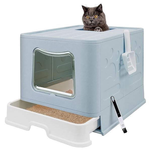 fophop Foldable XL Cat Litter Box with Lid Jumbo Enclosed Cat Potty Top Entry Anti Splashing Easy to Clean with Litter Scoop and Brush Blue Extra Large