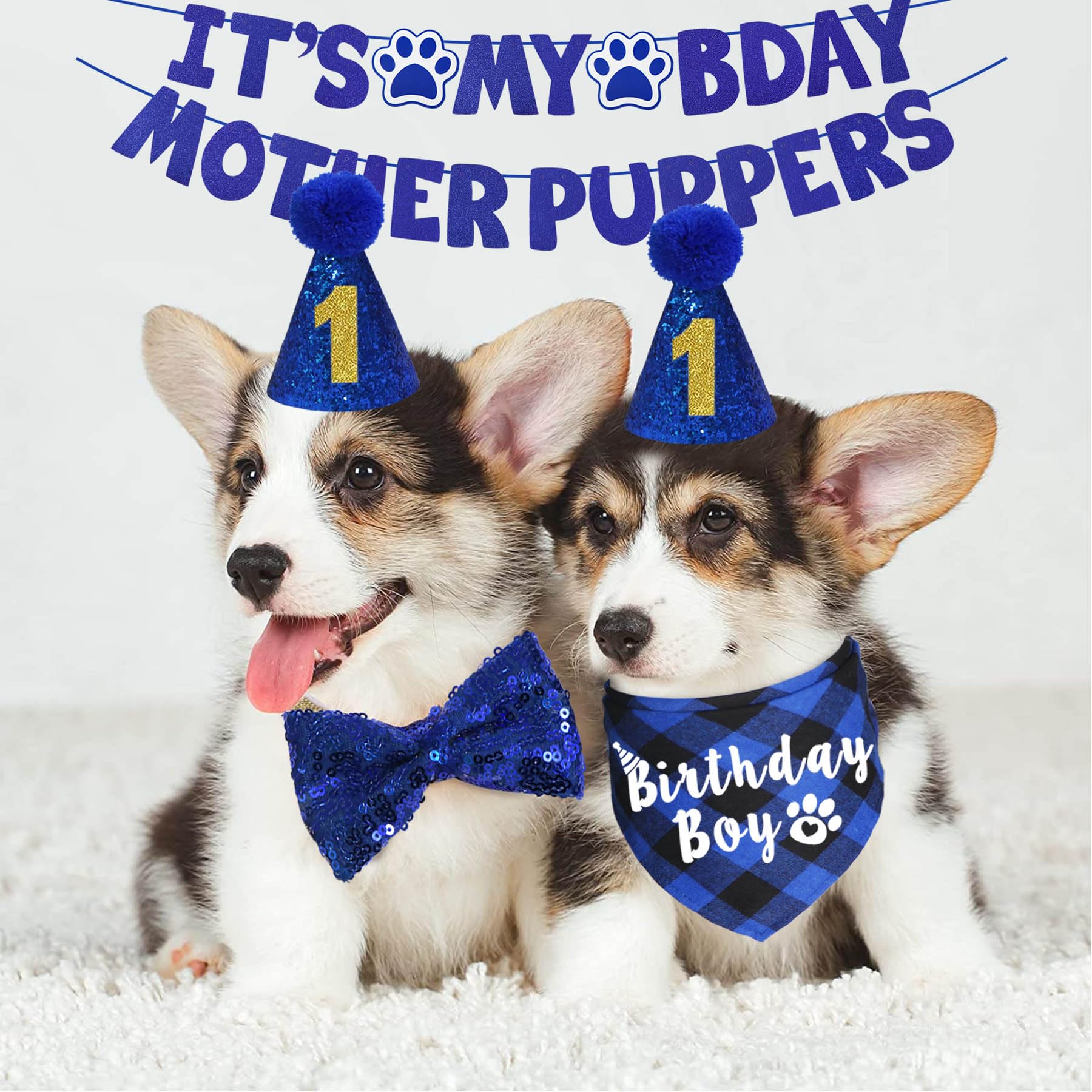 JOTFA JOTFA Dog Birthday Bandana and Hat Set with Bow Tie and Its My Bday Sign Banner for Small Dogs in Blue - View 2 of 7