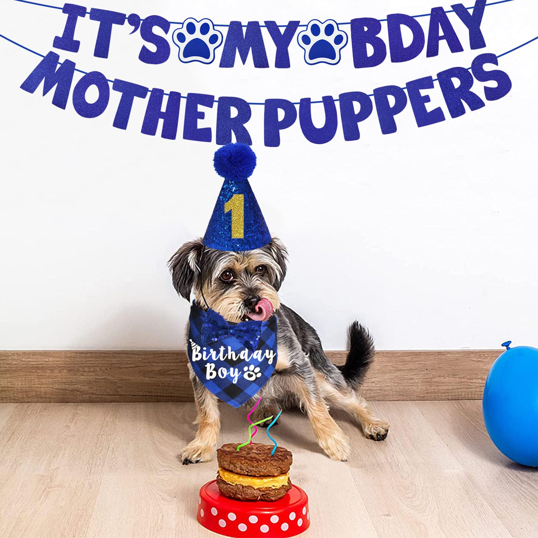 JOTFA JOTFA Dog Birthday Bandana and Hat Set with Bow Tie and Its My Bday Sign Banner for Small Dogs in Blue - View 7 of 7