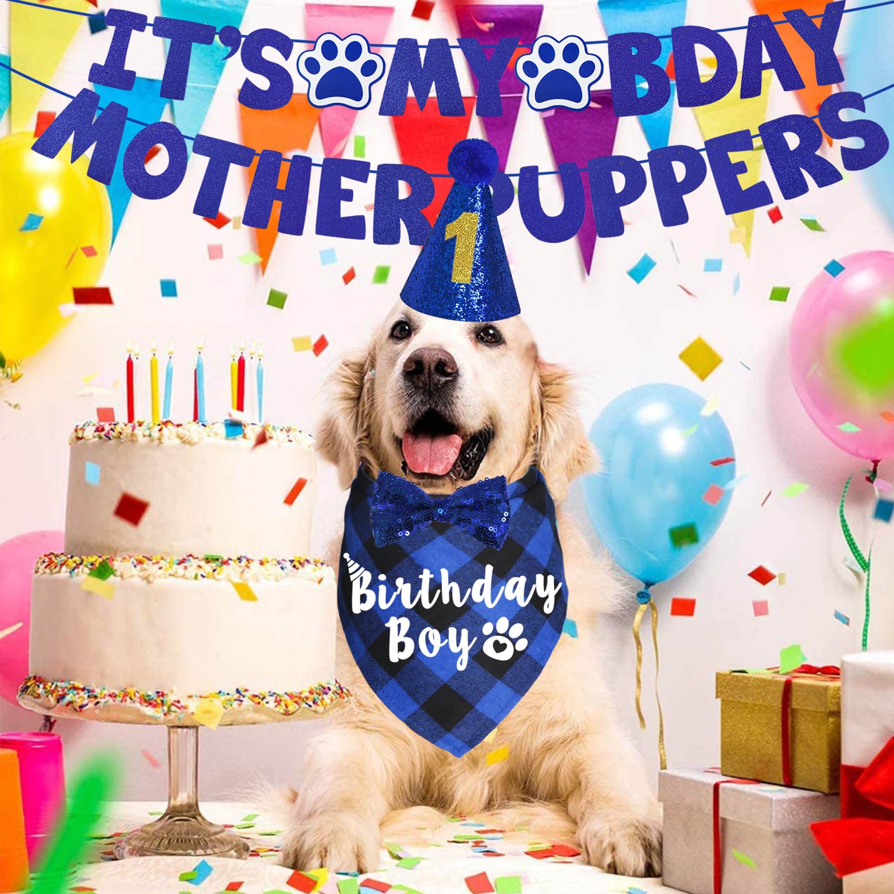 JOTFA JOTFA Dog Birthday Party Supplies Bandana Hat Bow Tie Banner for Large Dogs Blue X-Large - View 2 of 7