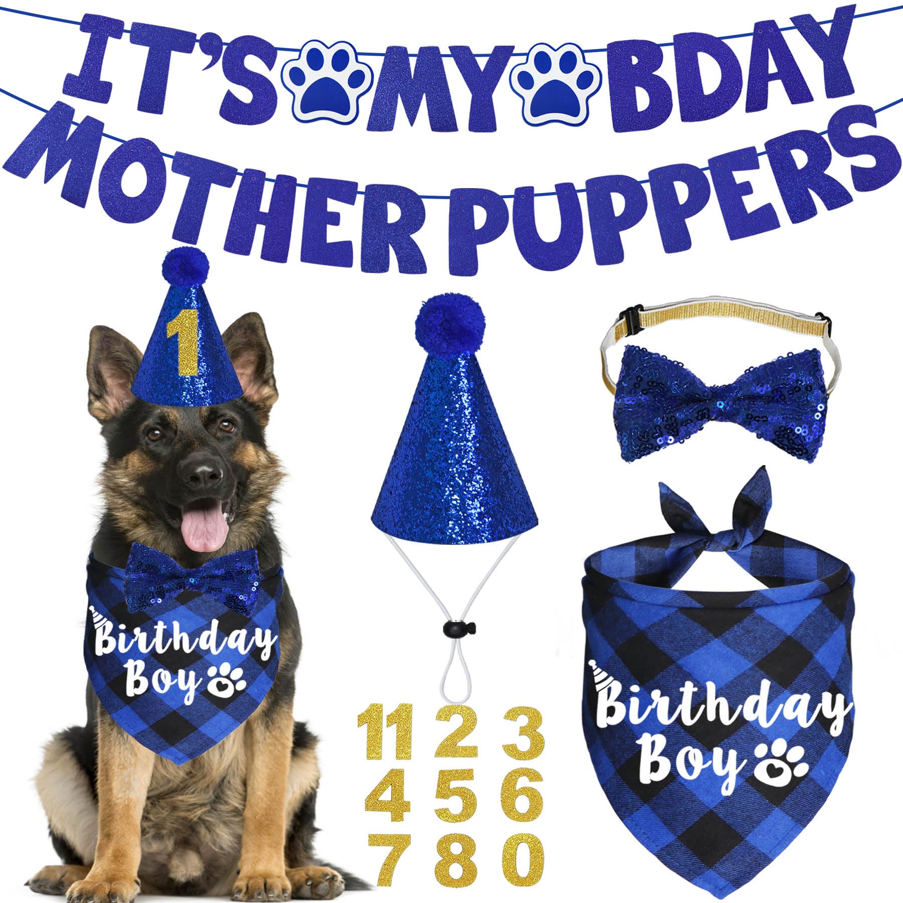JOTFA JOTFA Dog Birthday Party Supplies Bandana Hat Bow Tie Banner for Large Dogs Blue X-Large
