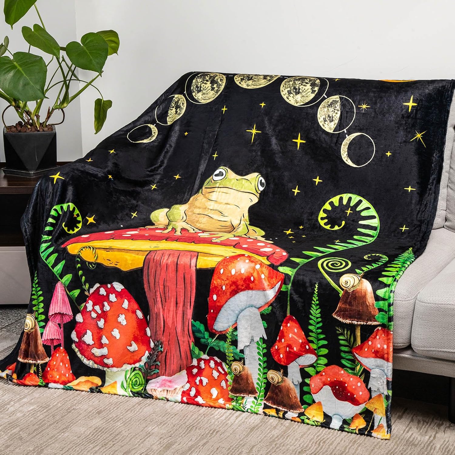 Smilelife Mystical Forest Frog and Mushroom Throw Blanket Soft Flannel Plush for Bed Couch Sofa Chair Available in 50 x 60 Sizes