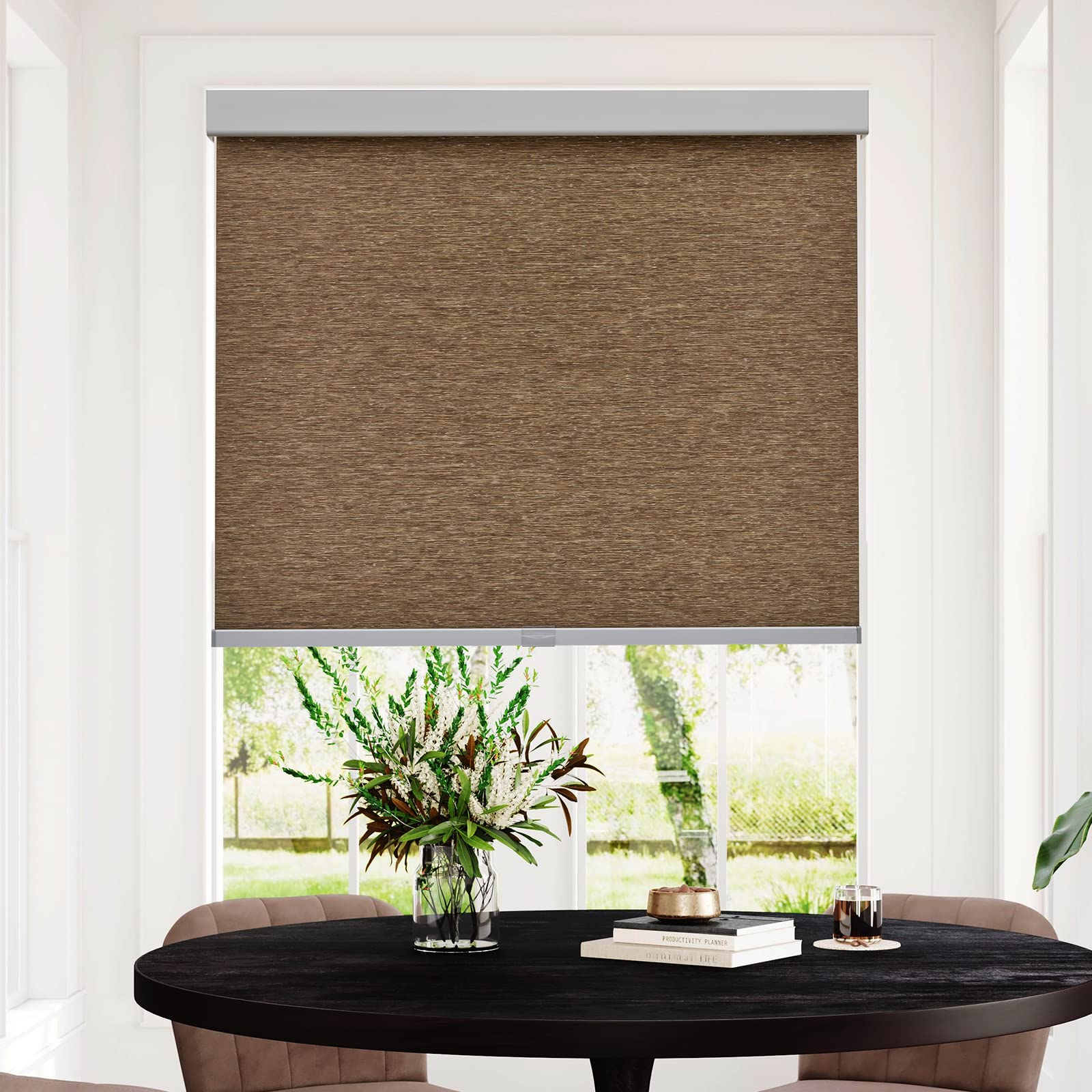 Persilux Persilux Cordless Light Filtering Roller Shades 70" W x 72" H Brown Natural Woven UV Protection for Home Office Privacy - View 5 of 7
