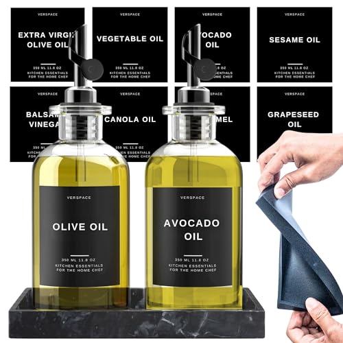 Verspace Verspace Olive Oil Dispenser Bottle Set of 2 with Silicone Tray and 40 Labels for Kitchen Use Soy Sauce and Coffee Syrup Dispenser Black
