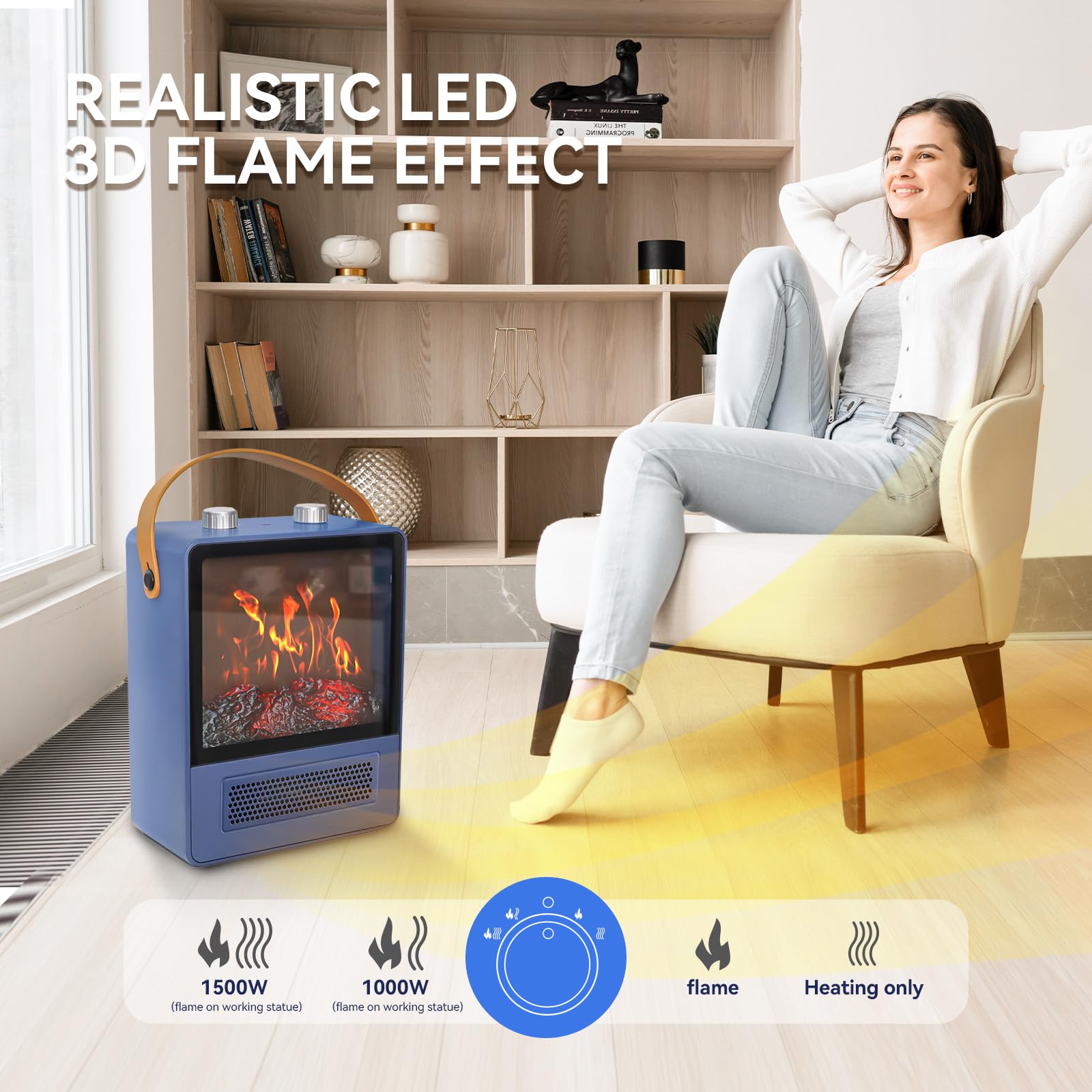 TEMPWARE Electric Fireplace Heater (1500W Portable Space Heater, Fireplace With Realistic 3D Flame Effect & Overheating Safety Protection) - View 4 of 7