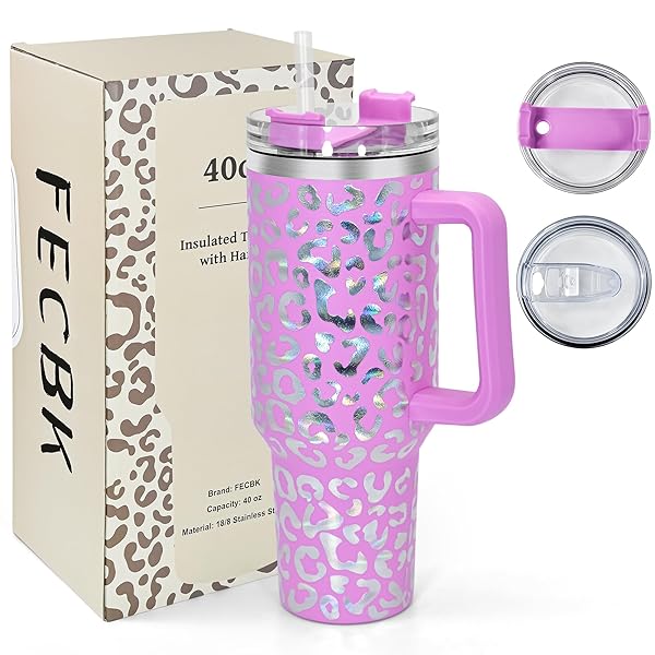 FECBK FECBK 40 oz Tumbler with Handle and Straw Leak Proof Stainless Steel Insulated Coffee Cup Keeps Cold for 34 Hours Dishwasher Safe Lavender Rose Leopard