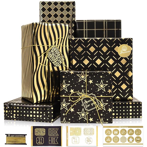 Larcenciel Larcenciel Metallic Black Gold Foil Gift Wrapping Paper Set 6 Sheets with Tags and Stickers for Birthdays Anniversaries and Graduations