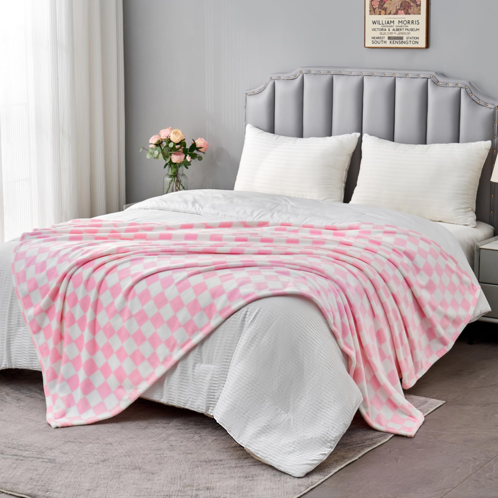 Edenleaf Edenleaf Pink Checkered Blanket Ultra Soft Fleece Throw for Couch Bed Travel Luxury All Seasons 60x80 Inches - View 3 of 8