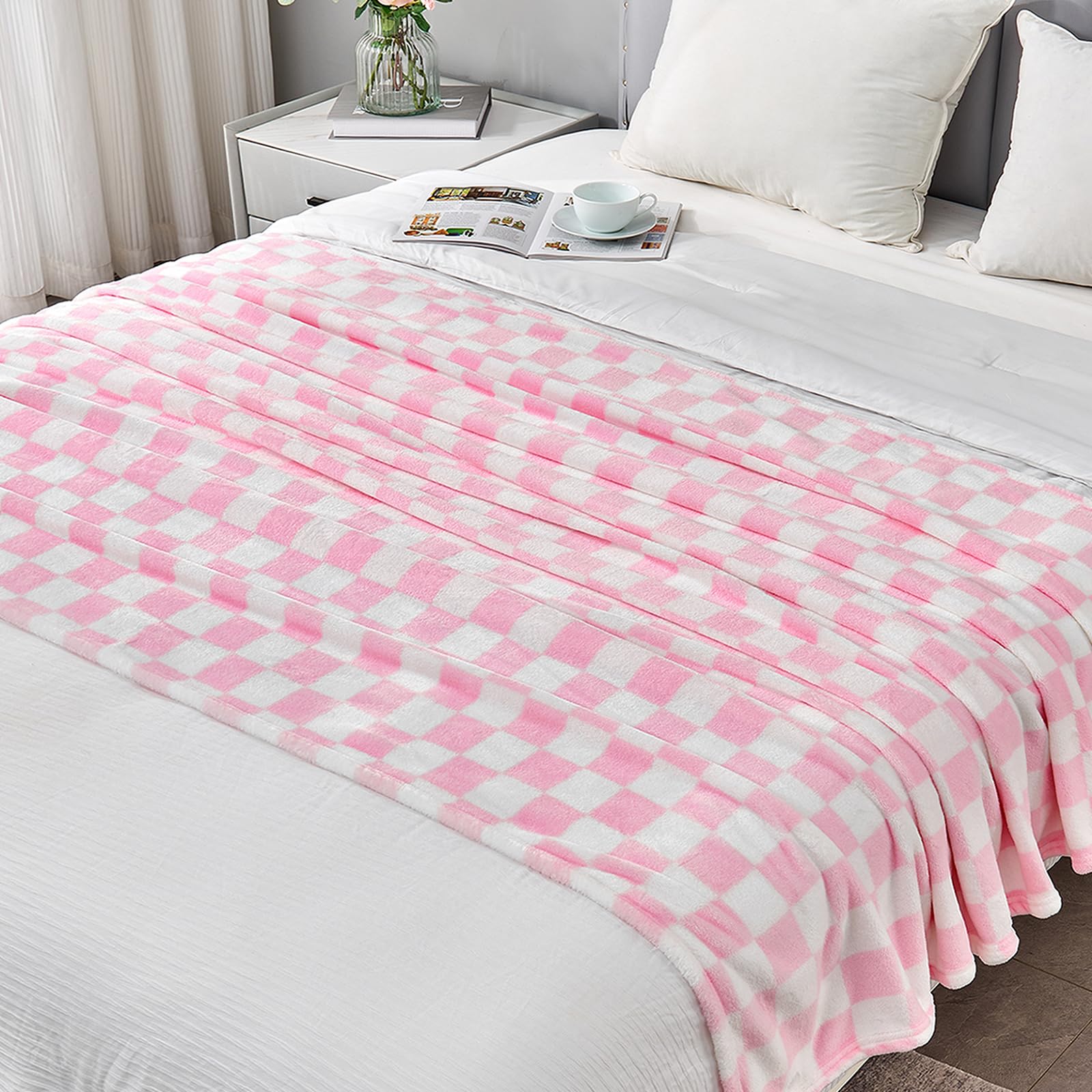 Edenleaf Edenleaf Pink Checkered Blanket Ultra Soft Fleece Throw for Couch Bed Travel Luxury All Seasons 60x80 Inches - View 6 of 8