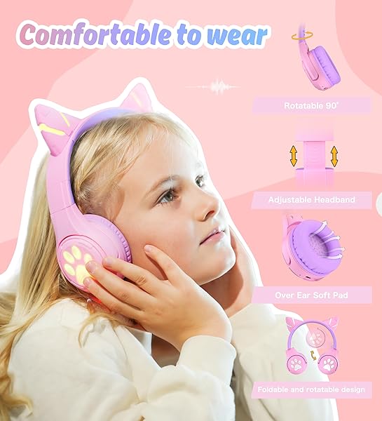 Riwbox Riwbox CF9 Cat Ear Kids Bluetooth Headphones - LED, 85dB Volume Limit, Mic for School & Online Learning (Purple) - View 4 of 9