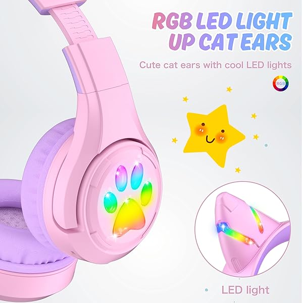 Riwbox Riwbox CF9 Cat Ear Kids Bluetooth Headphones - LED, 85dB Volume Limit, Mic for School & Online Learning (Purple) - View 5 of 9