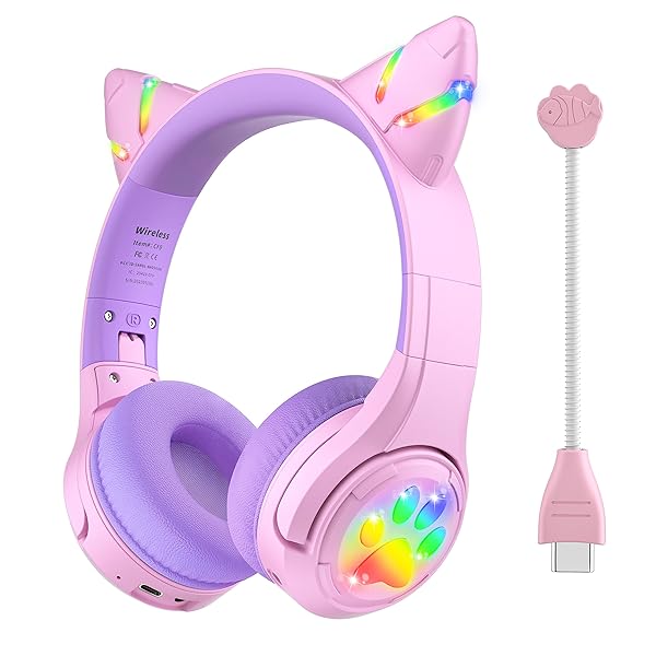 Riwbox Riwbox CF9 Cat Ear Kids Bluetooth Headphones - LED, 85dB Volume Limit, Mic for School & Online Learning (Purple) - View 3 of 9