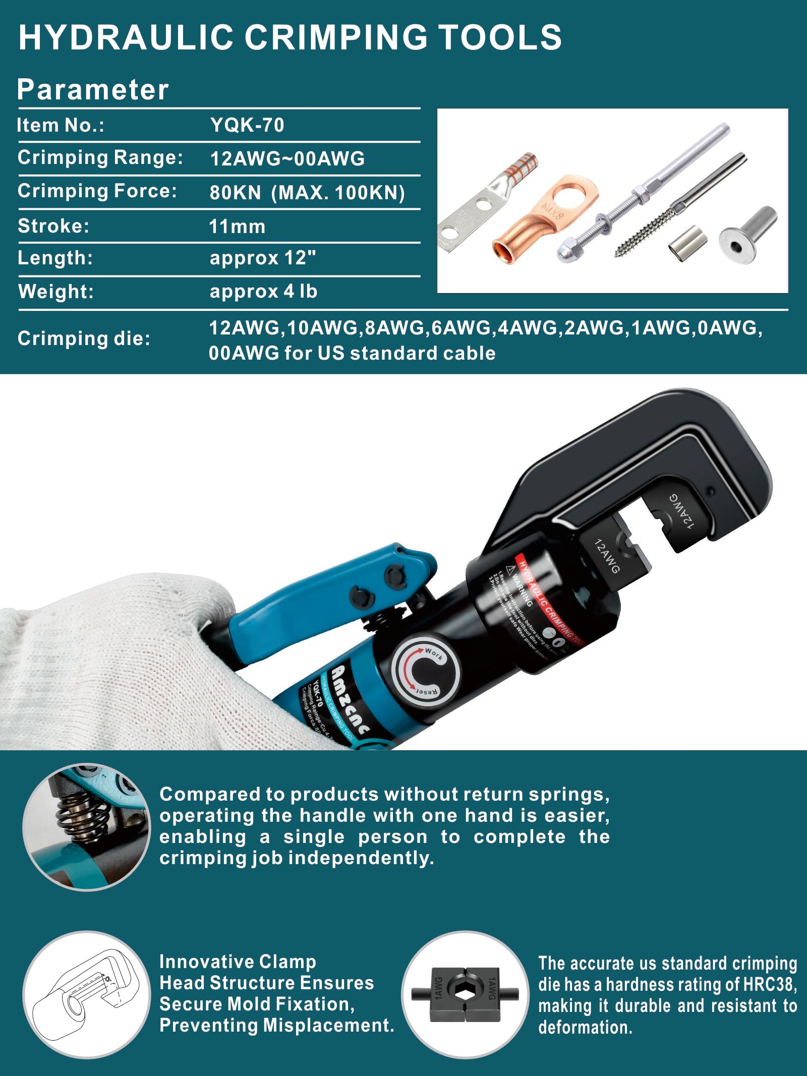 AMZCNC AMZCNC Hydraulic Crimping Tool with 9 American Standard Dies and Tool Kit for 12AWG to 2/0AWG Applications - View 2 of 6