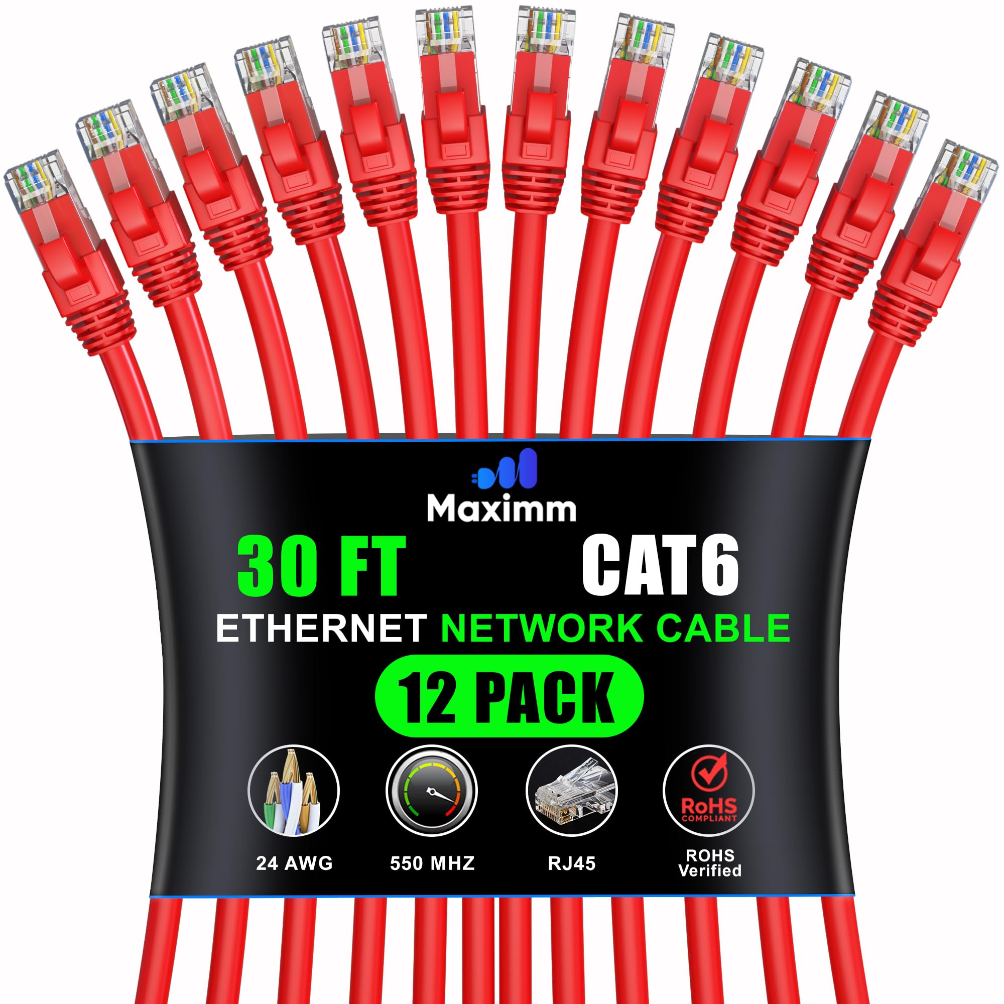 Maximm Cat 6 Ethernet Cable 30ft (12-Pack) - High-Speed 10Gbps LAN & Network Cables - Red UTP Patch Cords for Fast Internet