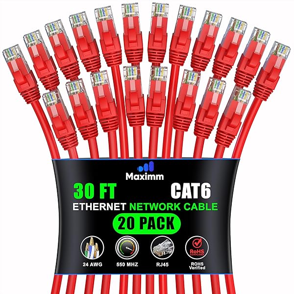 Maximm Cat 6 Ethernet Cable 30ft (20-Pack) - High-Speed 10Gbps LAN & Network Cables - Red UTP Patch Cords for Fast Internet