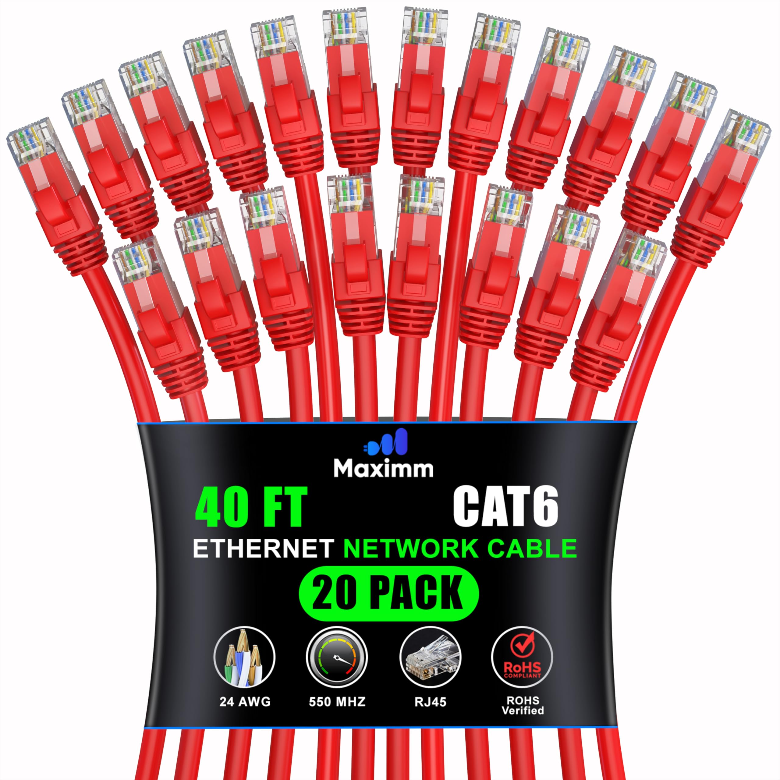 Maximm Cat 6 Ethernet Cable 40 ft (20-Pack) - High-Speed 10Gbps LAN & Network Cables - Red UTP Patch Cords for Fast Internet