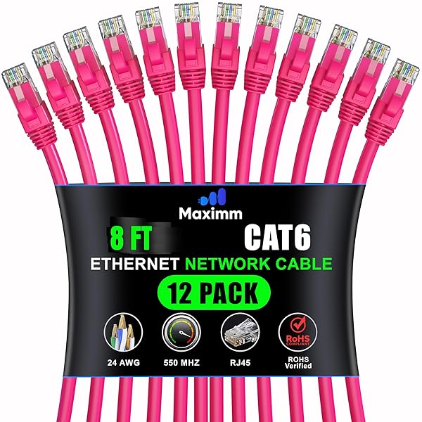 Maximm Cat 6 Ethernet Cable 8ft (12-Pack) - High-Speed 10Gbps Network Cable - Pink UTP for LAN & Internet