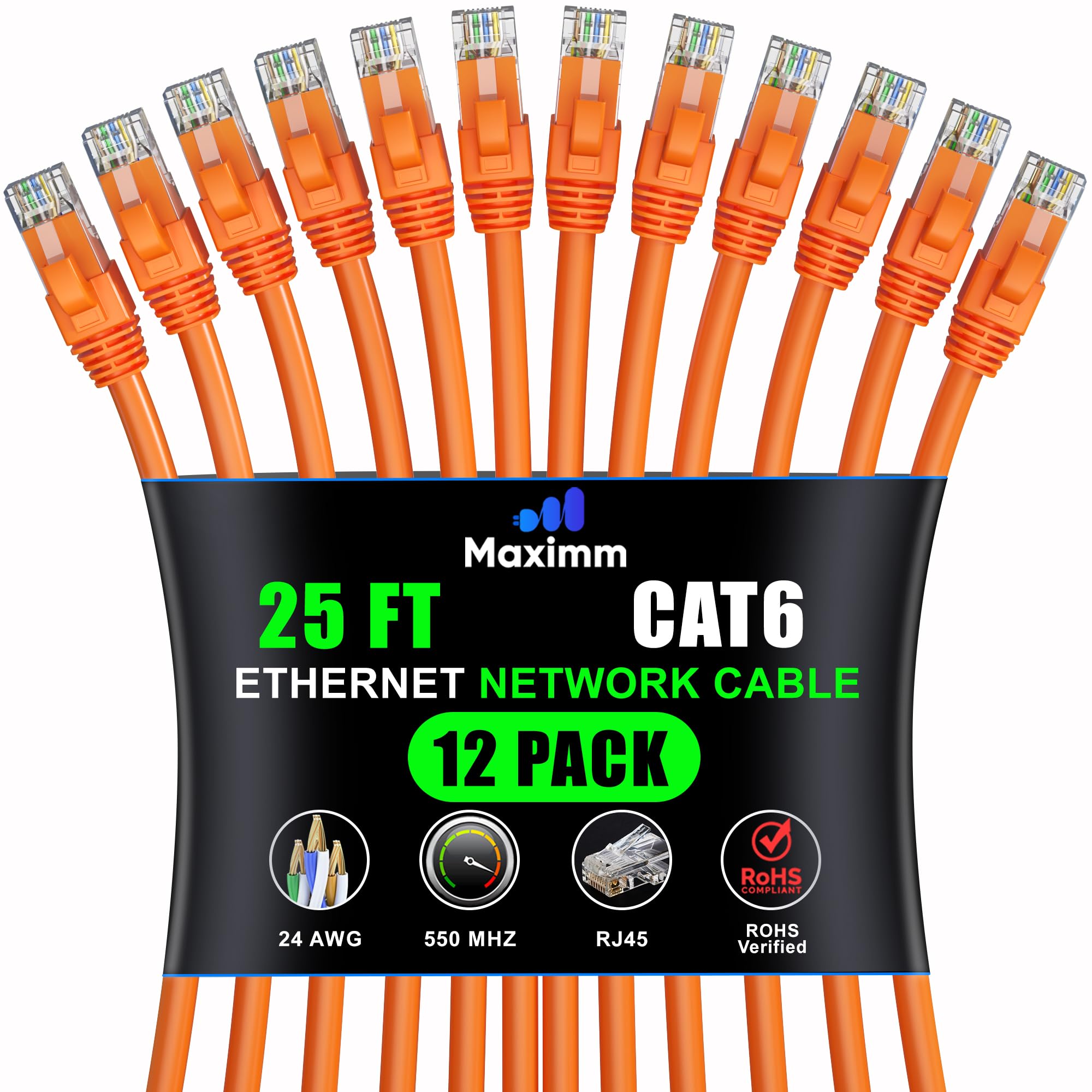 Maximm Cat 6 Ethernet Cable 25 ft (12-Pack) - High-Speed 10Gbps LAN & Network Cables - UTP, 550MHz, Orange