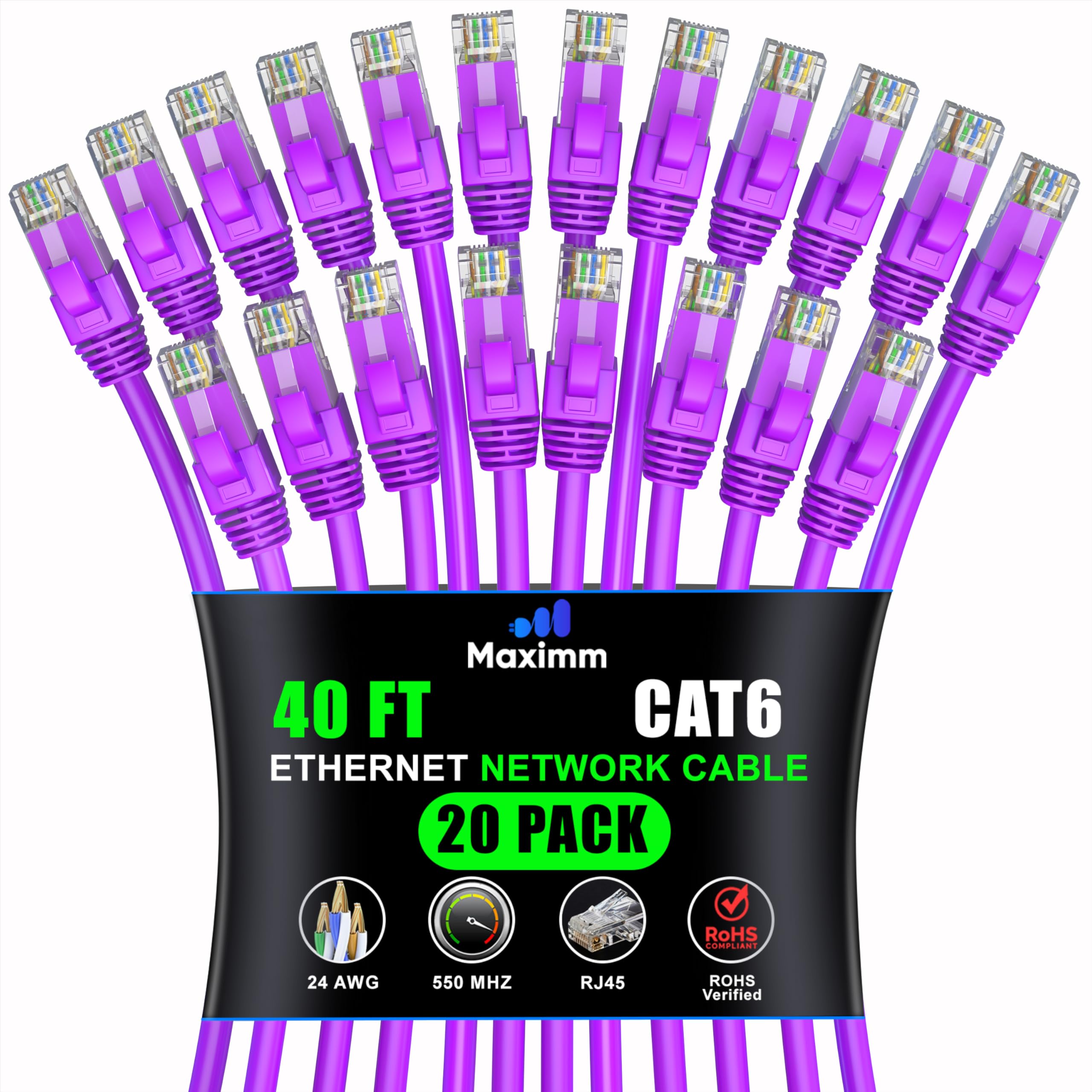 Maximm Cat 6 Ethernet Cable 40ft (20-Pack) - High-Speed 10Gbps LAN & Network Cables - UTP, 550MHz, Orange