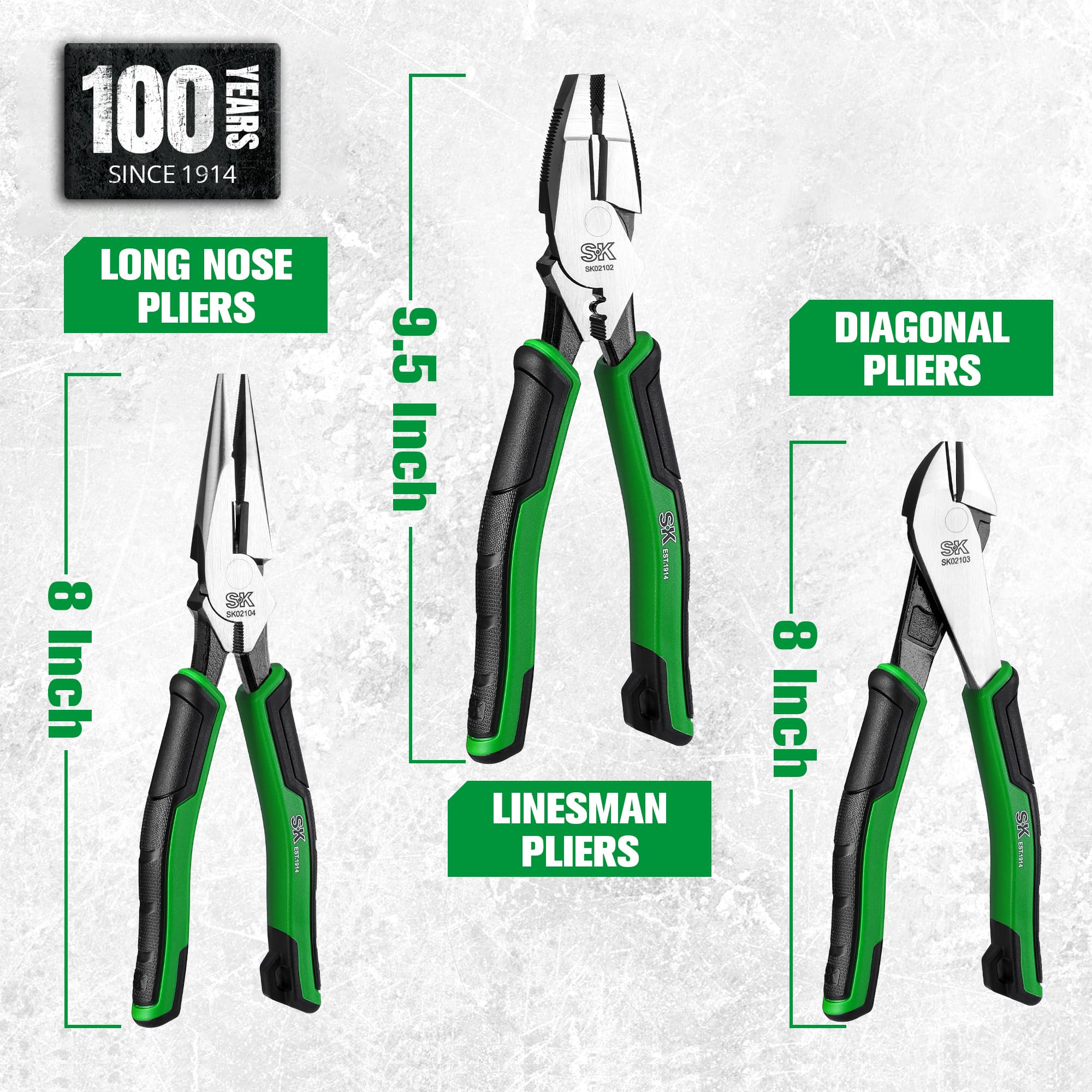SK SK 3-Piece Pliers Set with 9.5 Inch Linesman 8 Inch Diagonal and Needle Nose Pliers Ergonomic Anti-slip Handle and Rolling Pouch - View 3 of 8
