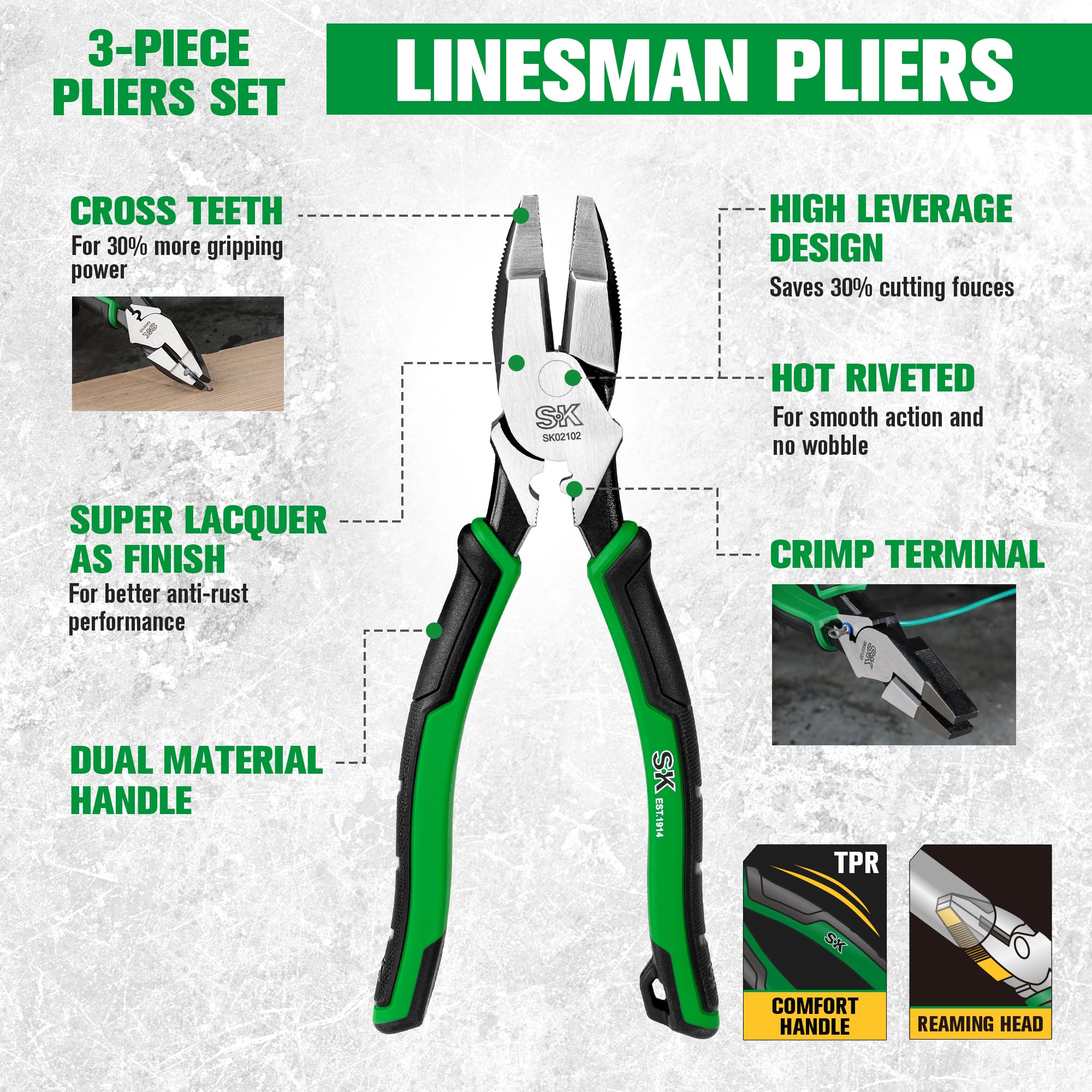 SK SK 3-Piece Pliers Set with 9.5 Inch Linesman 8 Inch Diagonal and Needle Nose Pliers Ergonomic Anti-slip Handle and Rolling Pouch - View 4 of 8