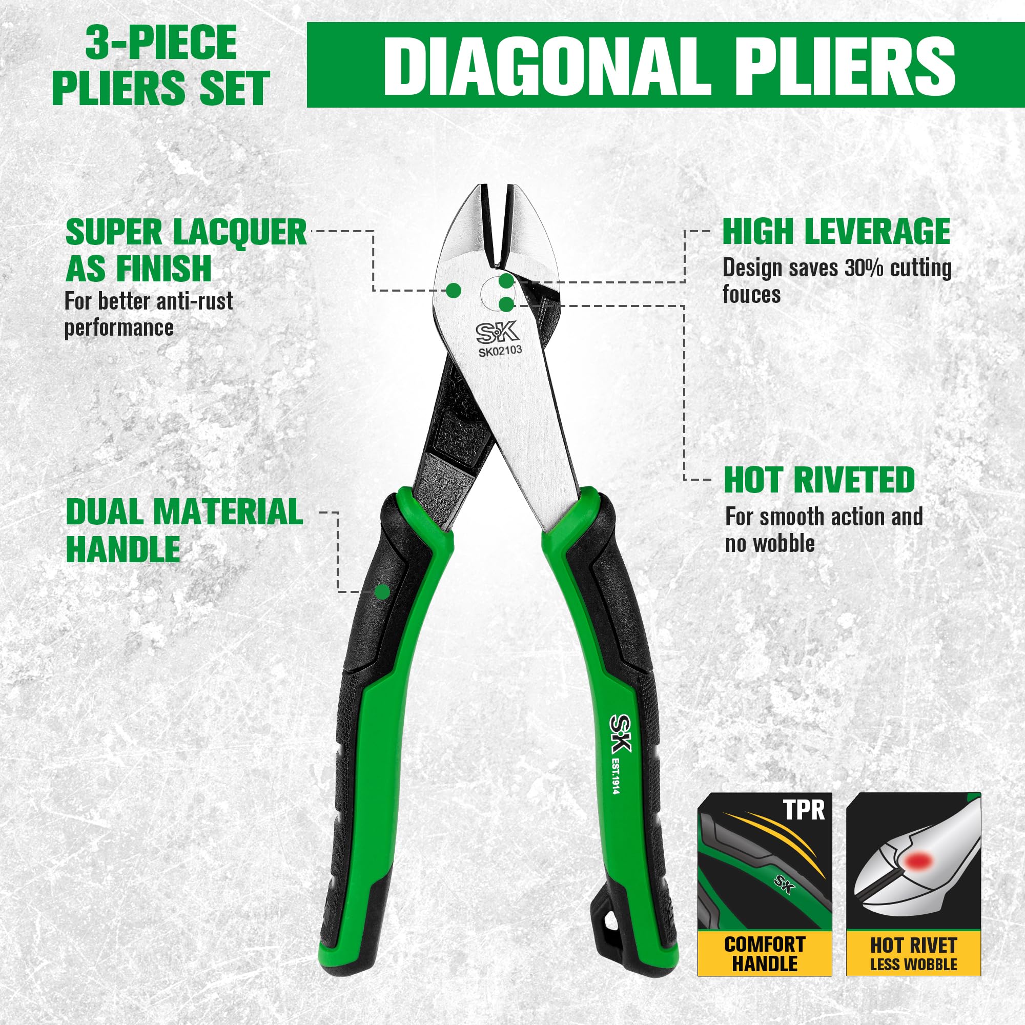 SK SK 3-Piece Pliers Set with 9.5 Inch Linesman 8 Inch Diagonal and Needle Nose Pliers Ergonomic Anti-slip Handle and Rolling Pouch - View 5 of 8