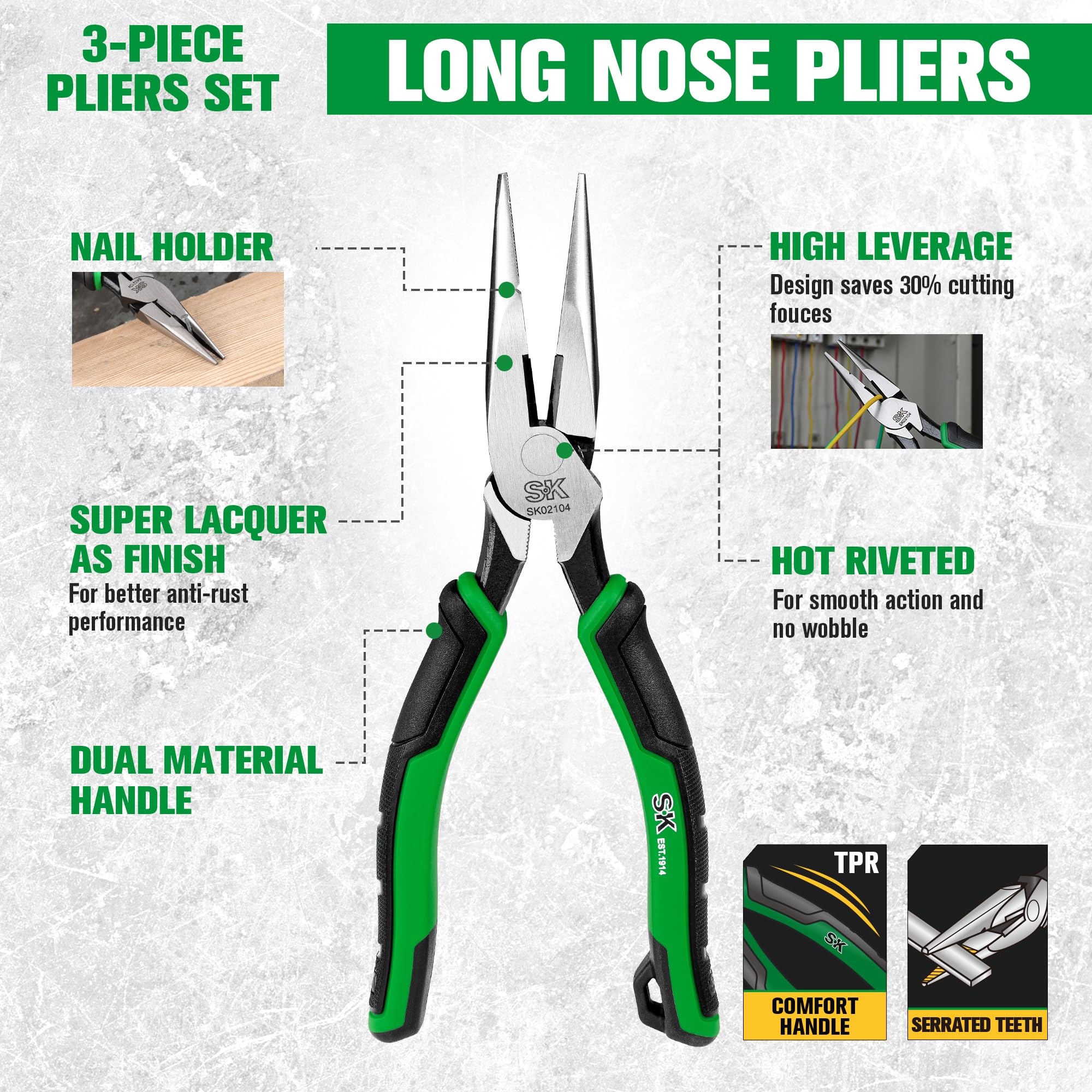 SK SK 3-Piece Pliers Set with 9.5 Inch Linesman 8 Inch Diagonal and Needle Nose Pliers Ergonomic Anti-slip Handle and Rolling Pouch - View 6 of 8