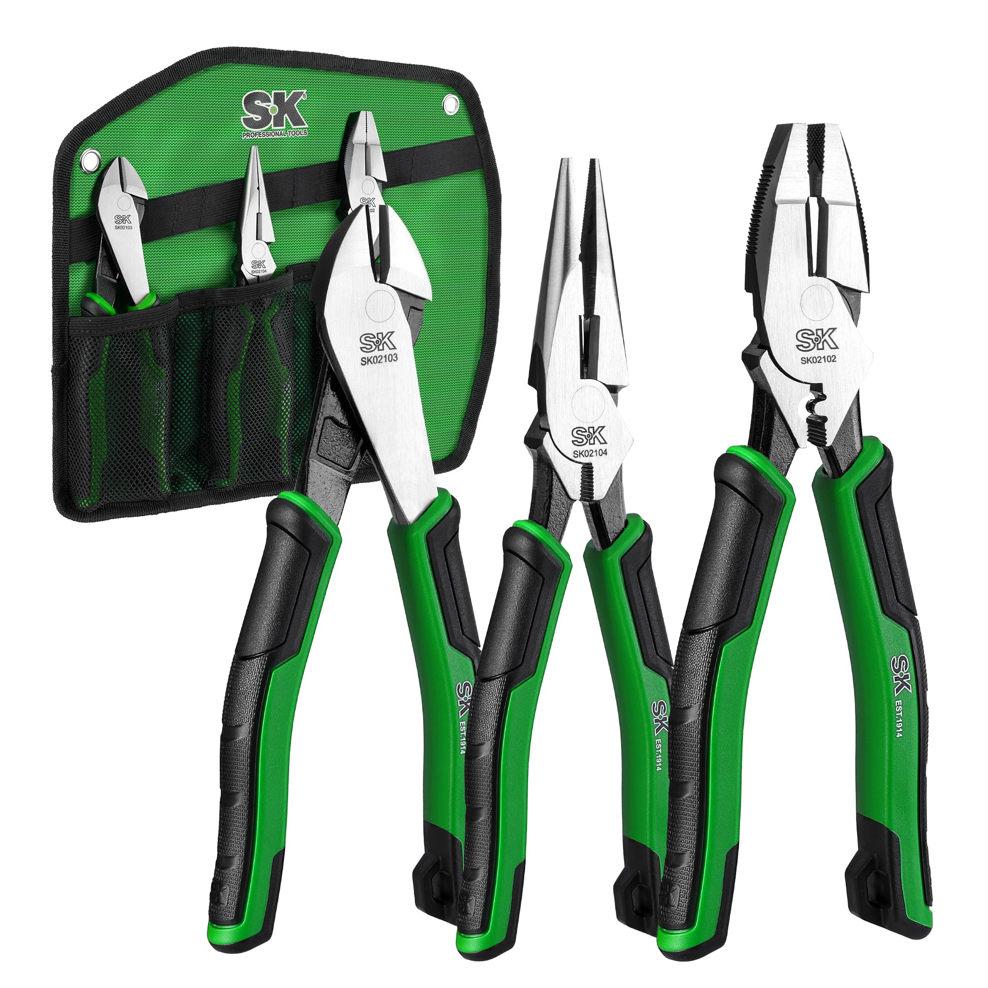 SK 3-Piece Pliers Set with 9.5 Inch Linesman 8 Inch Diagonal and Needle Nose Pliers Ergonomic Anti-slip Handle and Rolling Pouch
