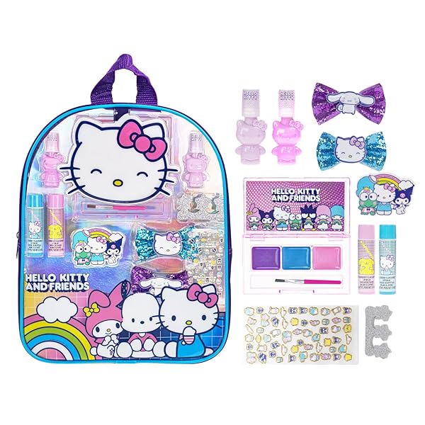 Townley Girl Hello Kitty Makeup Backpack Set for Kids - 12-Piece Beauty Kit with Lip Gloss, Nail Polish & More | Perfect for Parties & Sleepovers