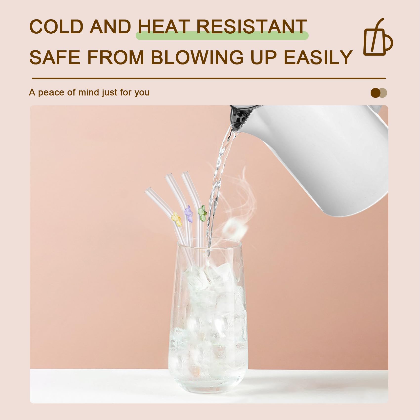 DUMING-IN DUMING-IN 8 Pack Reusable Glass Straws with Cleaning Brushes Cute Colorful Flower Shatter Resistant Dishwasher Safe for Smoothies and Juices - View 5 of 7