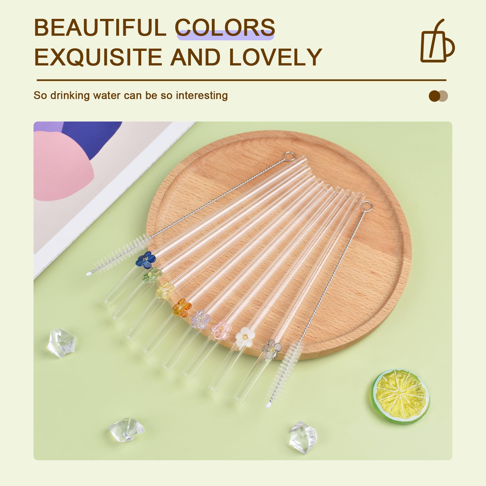 DUMING-IN DUMING-IN 8 Pack Reusable Glass Straws with Cleaning Brushes Cute Colorful Flower Shatter Resistant Dishwasher Safe for Smoothies and Juices - View 7 of 7