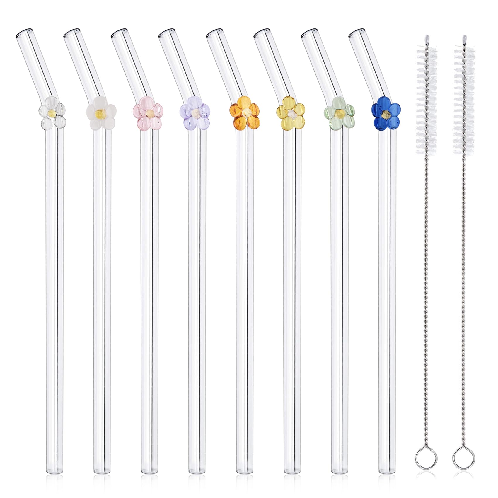 DUMING-IN DUMING-IN 8 Pack Reusable Glass Straws with Cleaning Brushes Cute Colorful Flower Shatter Resistant Dishwasher Safe for Smoothies and Juices