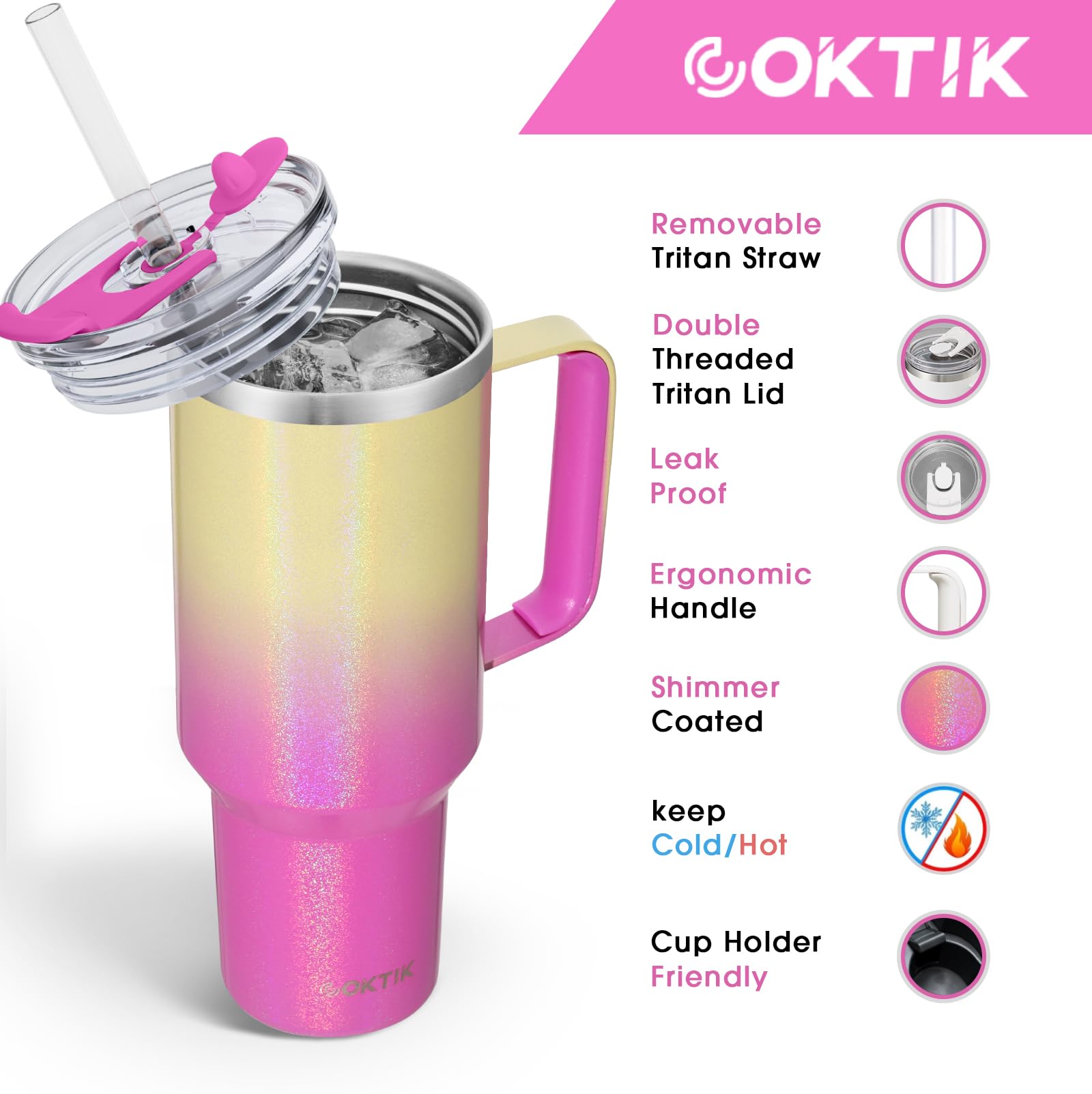 COKTIK COKTIK 40 oz Tumbler with Handle and Straw Lid Vacuum Insulated Travel Coffee Mug Stainless Steel Leak-proof Cupholder Friendly Glitter Rainbow - View 2 of 8
