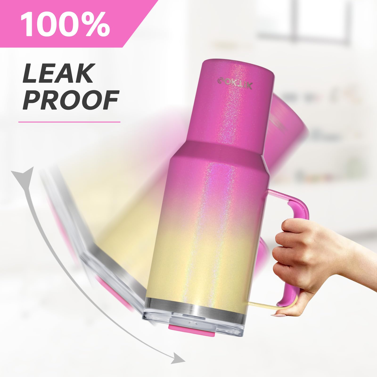 COKTIK COKTIK 40 oz Tumbler with Handle and Straw Lid Vacuum Insulated Travel Coffee Mug Stainless Steel Leak-proof Cupholder Friendly Glitter Rainbow - View 3 of 8