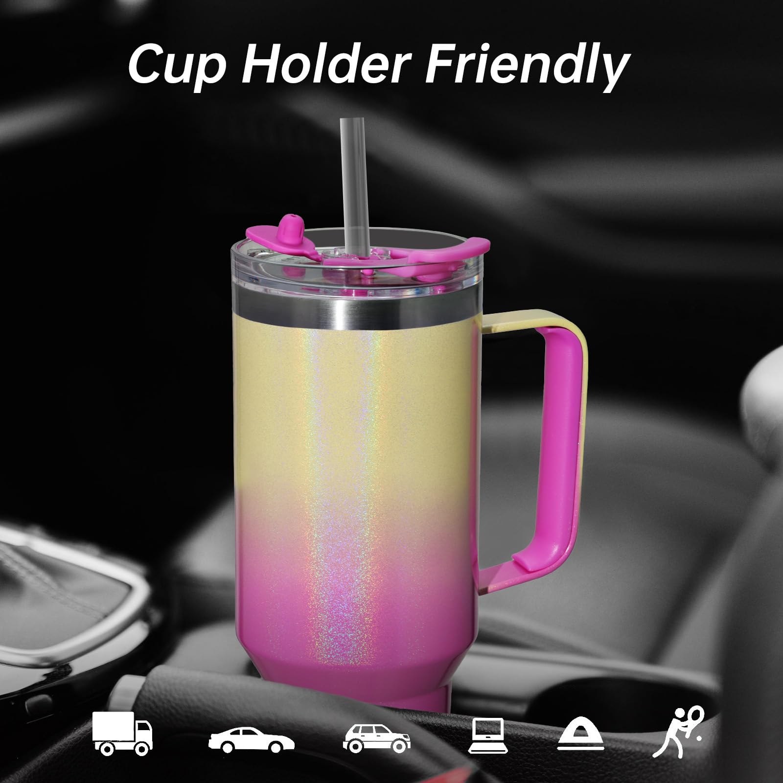 COKTIK COKTIK 40 oz Tumbler with Handle and Straw Lid Vacuum Insulated Travel Coffee Mug Stainless Steel Leak-proof Cupholder Friendly Glitter Rainbow - View 5 of 8