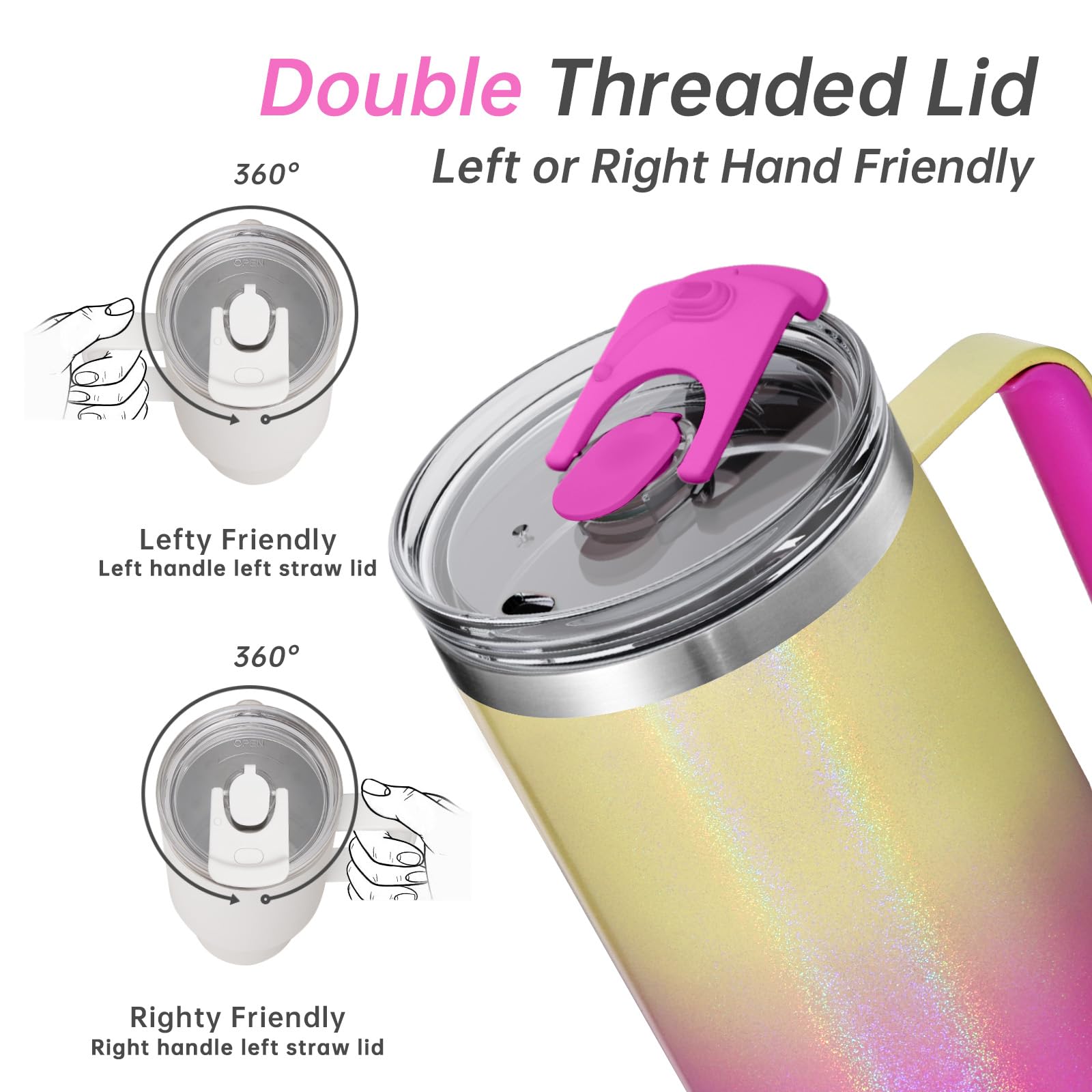 COKTIK COKTIK 40 oz Tumbler with Handle and Straw Lid Vacuum Insulated Travel Coffee Mug Stainless Steel Leak-proof Cupholder Friendly Glitter Rainbow - View 7 of 8