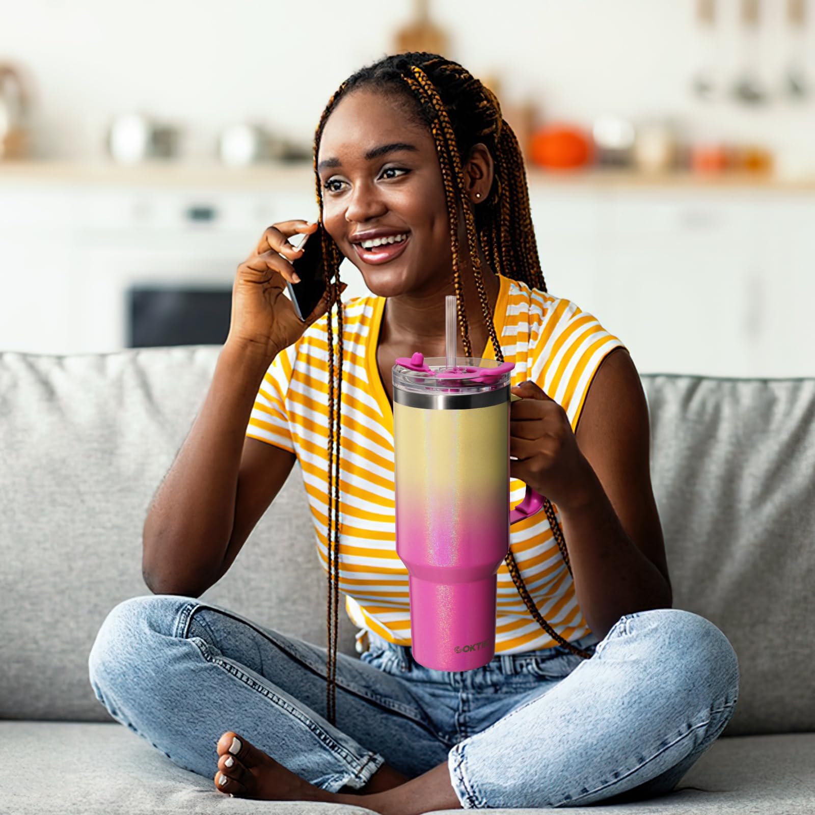 COKTIK COKTIK 40 oz Tumbler with Handle and Straw Lid Vacuum Insulated Travel Coffee Mug Stainless Steel Leak-proof Cupholder Friendly Glitter Rainbow - View 8 of 8