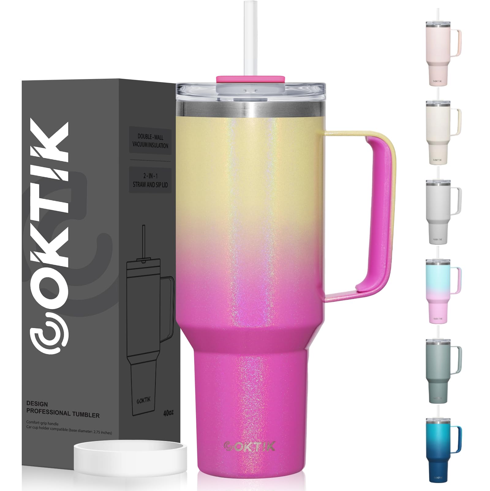 COKTIK COKTIK 40 oz Tumbler with Handle and Straw Lid Vacuum Insulated Travel Coffee Mug Stainless Steel Leak-proof Cupholder Friendly Glitter Rainbow