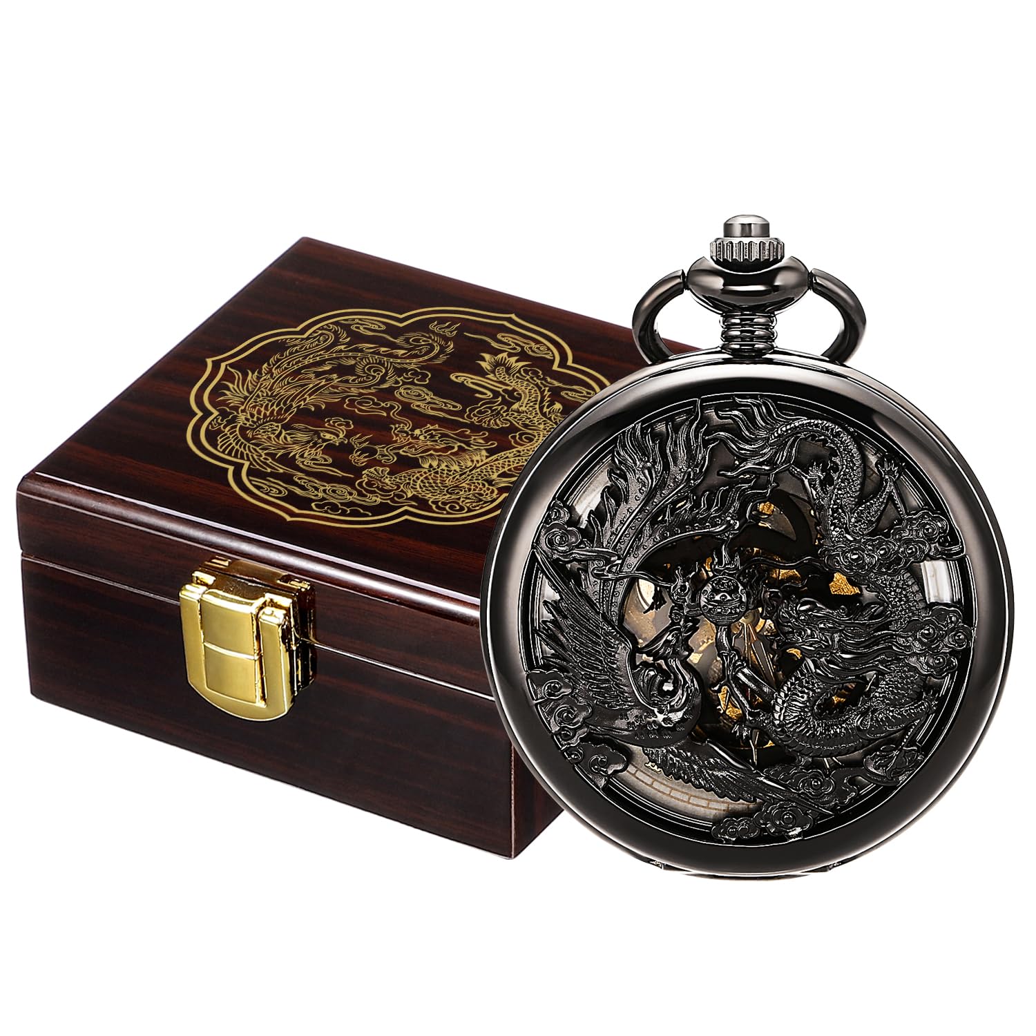 SIBOSUN SIBOSUN Mechanical Mens Pocket Watch with Wooden Pattern Display Case Organizer Lucky Phoenix and Dragon Skeleton Design