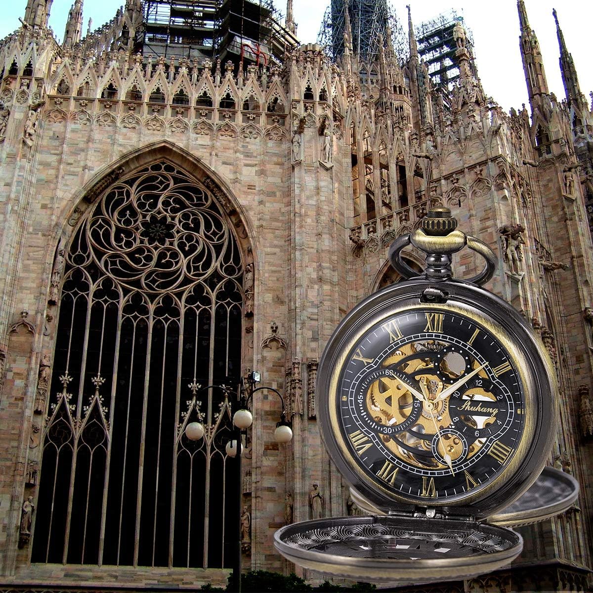 SIBOSUN SIBOSUN Pocket Watch Display Case Organizer with Wooden Dragon Phoenix Pattern for Mechanical Hand-Wind Bronze Roman Numerals Mens - View 3 of 8