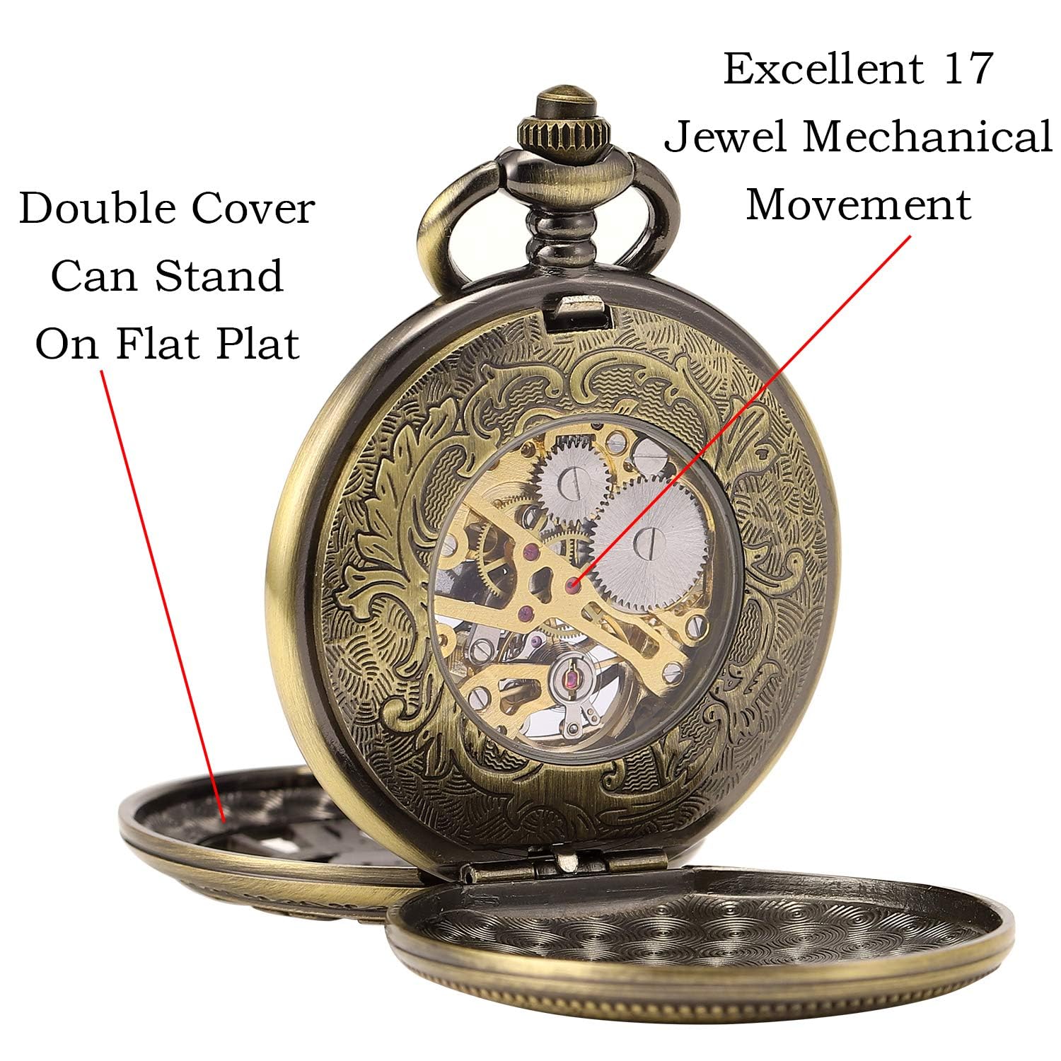 SIBOSUN SIBOSUN Pocket Watch Display Case Organizer with Wooden Dragon Phoenix Pattern for Mechanical Hand-Wind Bronze Roman Numerals Mens - View 7 of 8