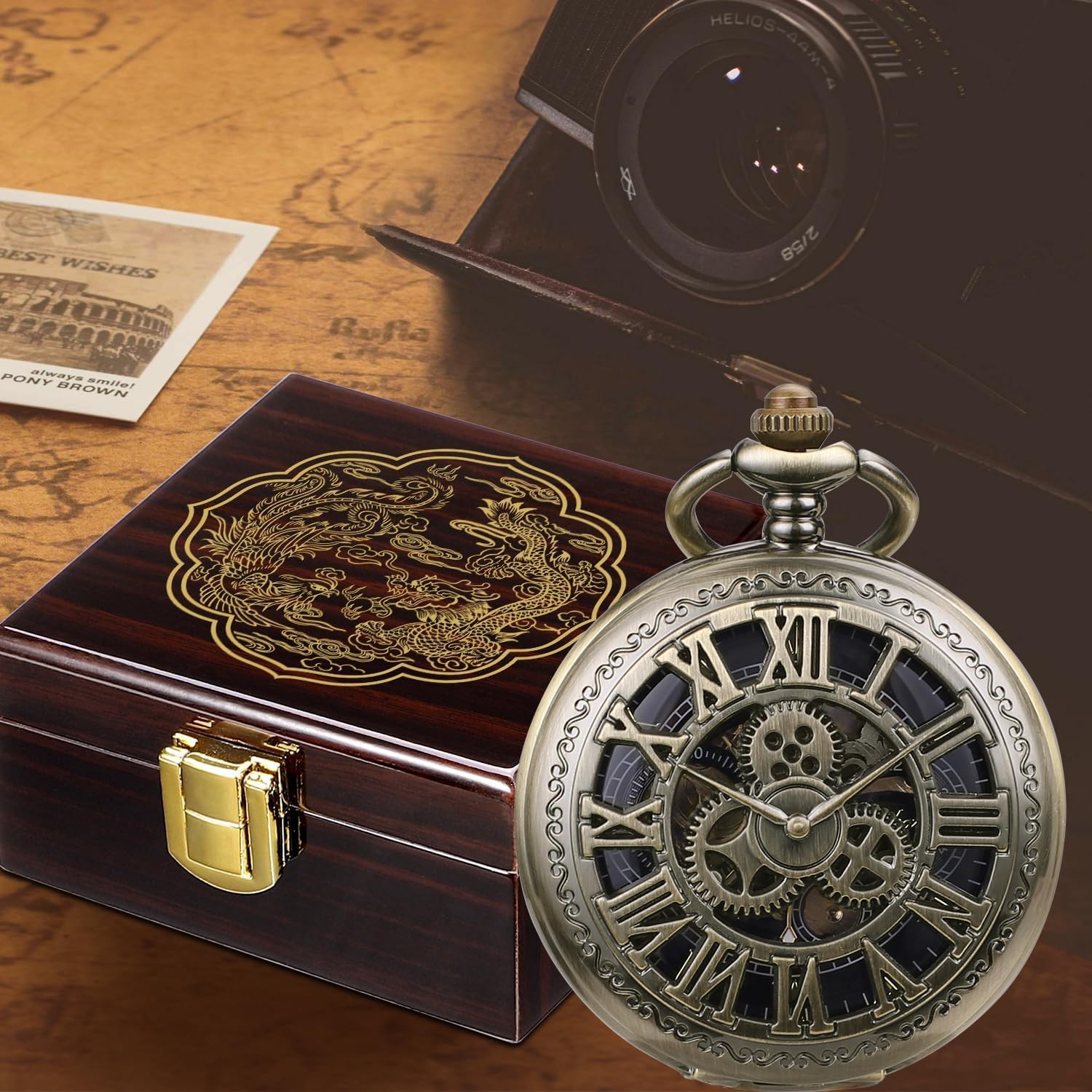 SIBOSUN SIBOSUN Pocket Watch Display Case Organizer with Wooden Dragon Phoenix Pattern for Mechanical Hand-Wind Bronze Roman Numerals Mens - View 8 of 8