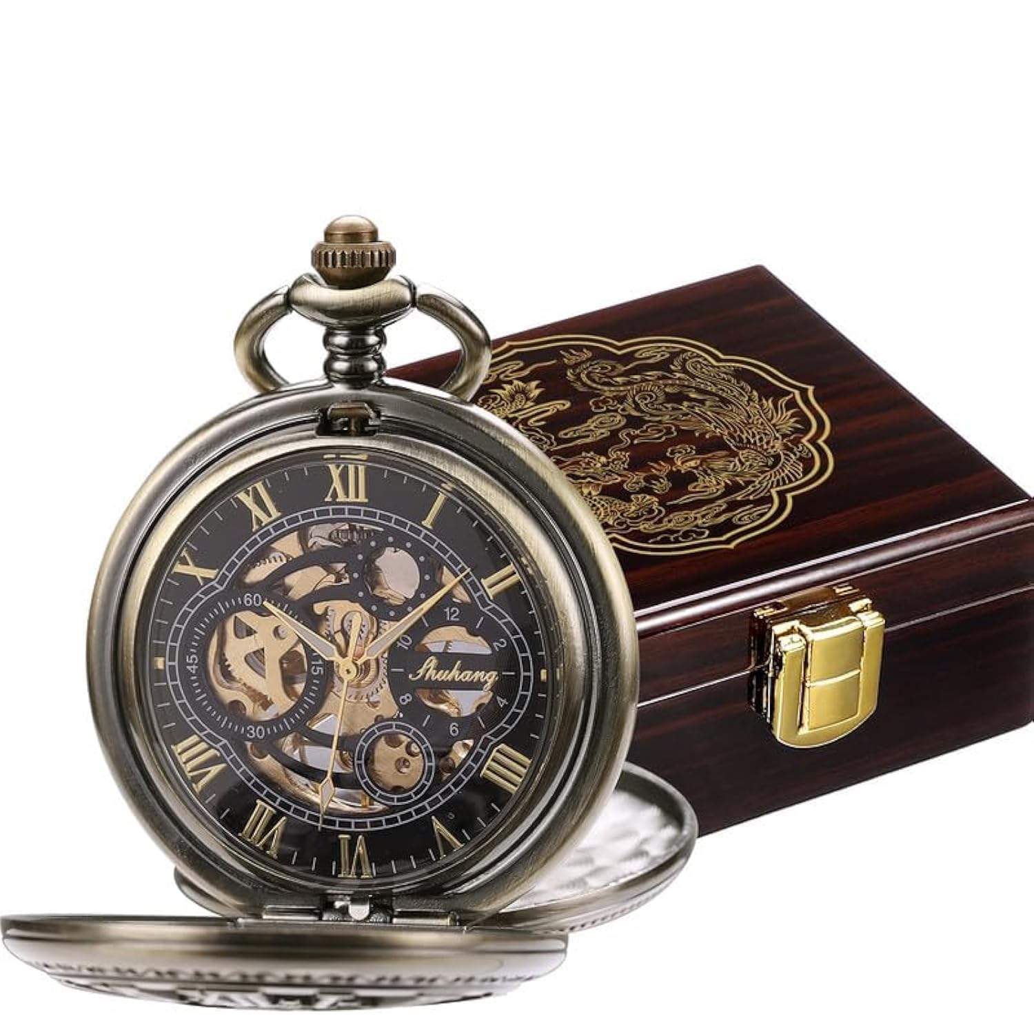 SIBOSUN SIBOSUN Pocket Watch Display Case Organizer with Wooden Dragon Phoenix Pattern for Mechanical Hand-Wind Bronze Roman Numerals Mens