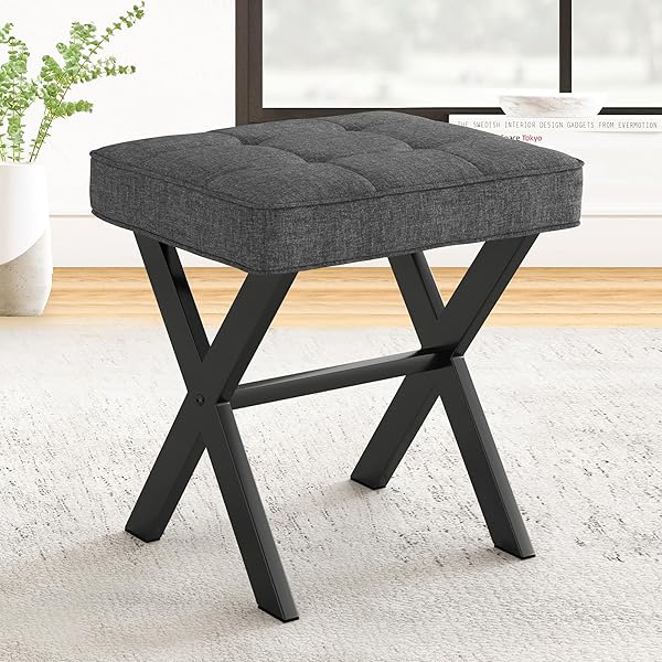 LUE BONA LUE BONA Square Linen Vanity Stool with Metal X Legs Modern Padded Foot Rest for Makeup Room Living Room Bathroom Carbon Gray