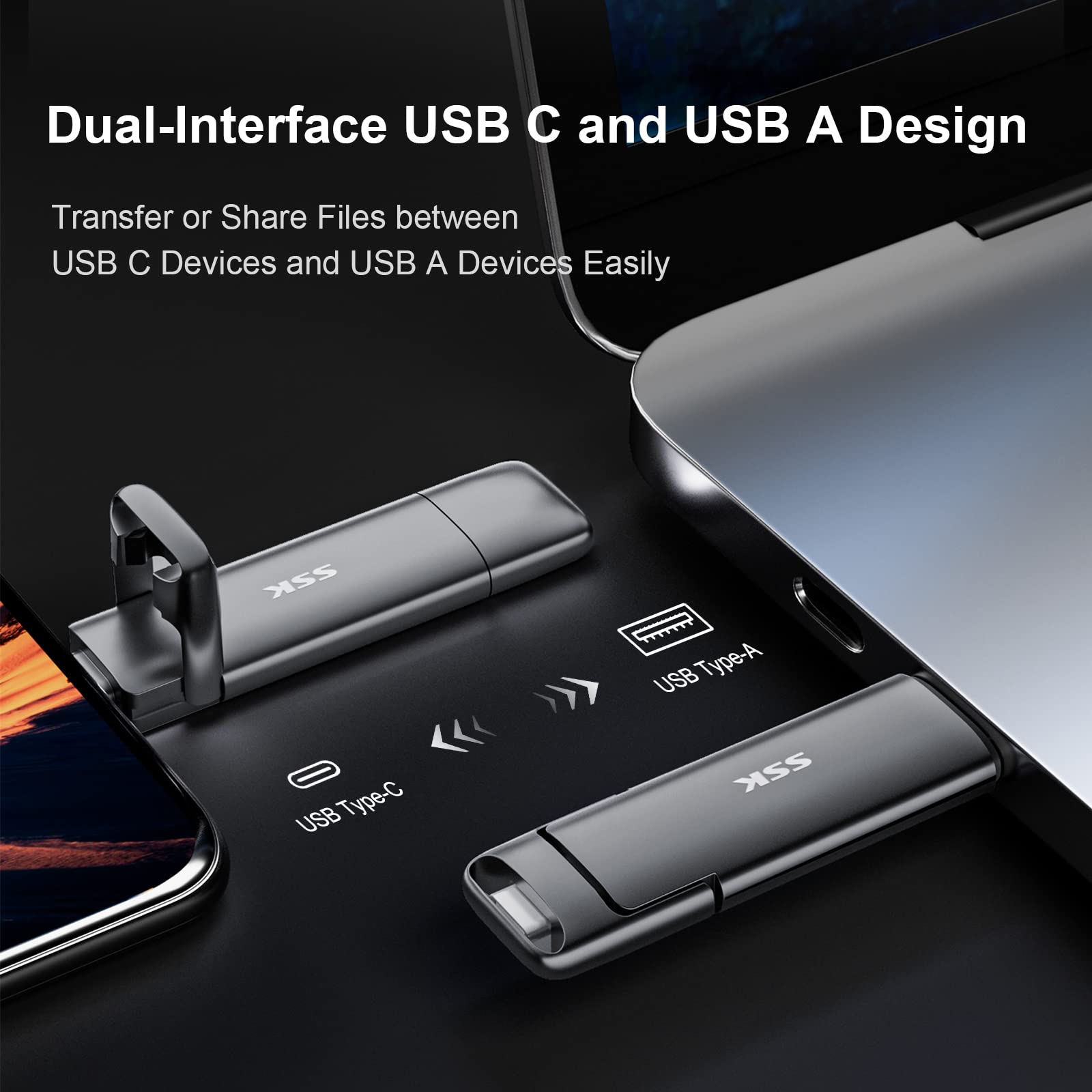 SSK SSK 2TB External USB SSD Fast 550MBs Dual Drive USB Type C USB A 3.2 Gen2 Solid State Thumb Drive for iPhone 15 PS4 Android Windows Mac - View 3 of 7
