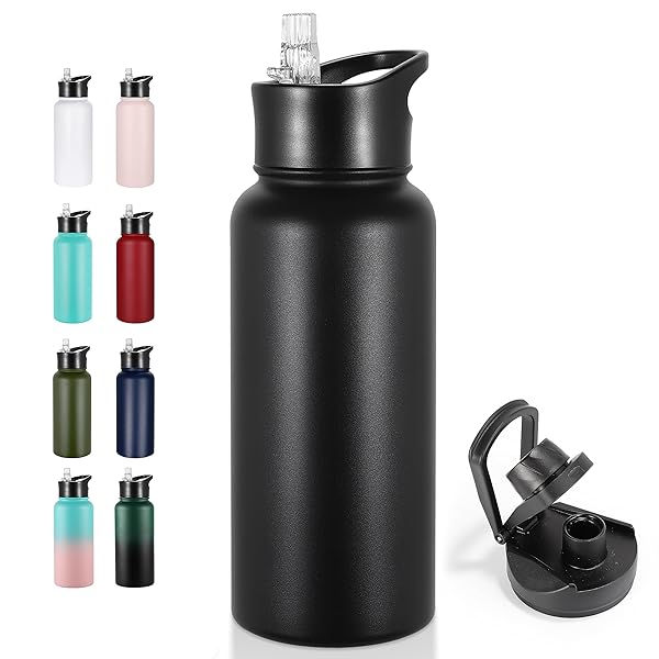 VEGOND VEGOND 32 oz Insulated Stainless Steel Water Bottle with Leak Proof Straw and Spout Lid for Travel Sports Black