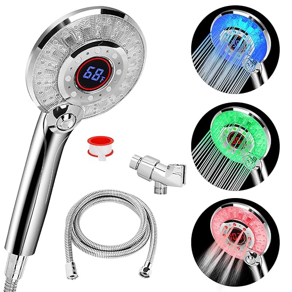 JIEYUMJ LED Shower Head Color Changing Handheld High Pressure Water Saving Spray with Temperature Display 3 Modes Easy Install Chrome