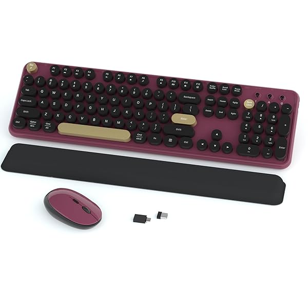 Links9+ Links9 Wireless Keyboard and Mouse Combo Retro Full Size 2.4Ghz Connection Optical Mouse for Windows Mac PC Laptop Home Office Burgundy Black