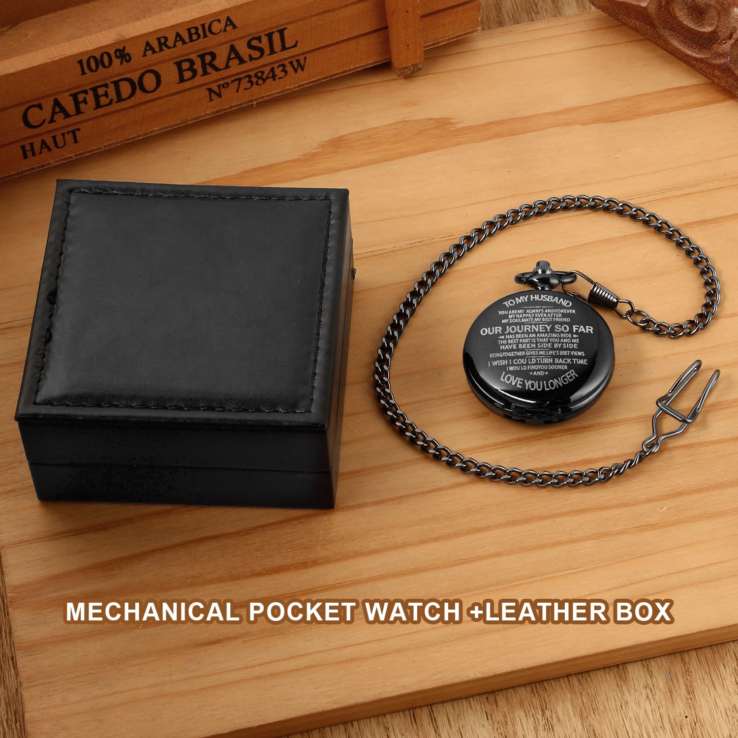 Whodoit Whodoit Engraved Mechanical Pocket Watch for Husband Personalized Gift with Leather Box for Men Birthday Valentine's Day - View 6 of 7