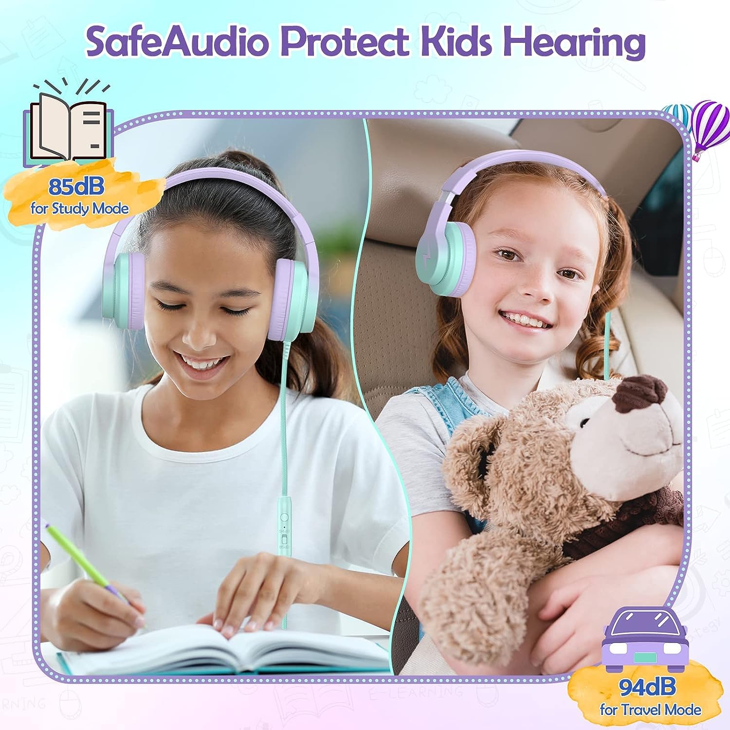 Candy Bila Candy Bila Kids Headphones Wired Over Ear with Microphone Volume Limiter Foldable Gradient Purple for Learning and Entertainment - View 2 of 7